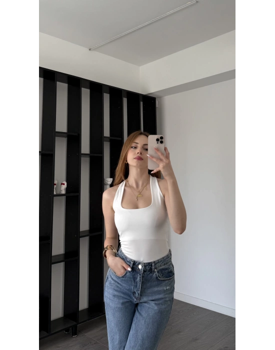 Beyaz Lancel Astarlı Boyundan Askılı Basic Bluz