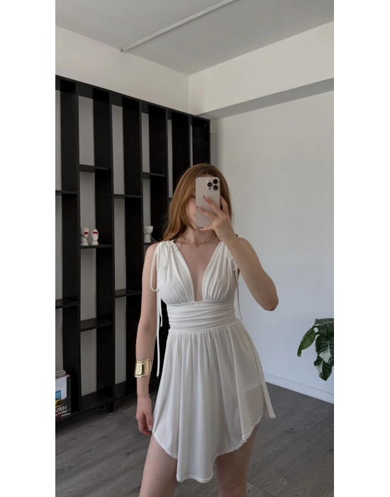 Beyaz Livia Bağcık Omuzlu Astarlı Elbise