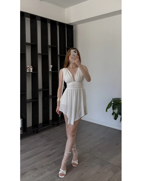 Beyaz Livia Bağcık Omuzlu Astarlı Elbise