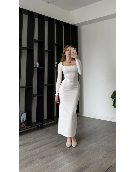 Beyaz Luis Kare Yaka Basic Uzun Elbise