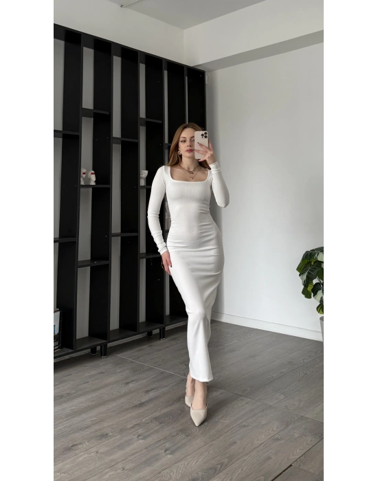 Beyaz Luis Kare Yaka Basic Uzun Elbise