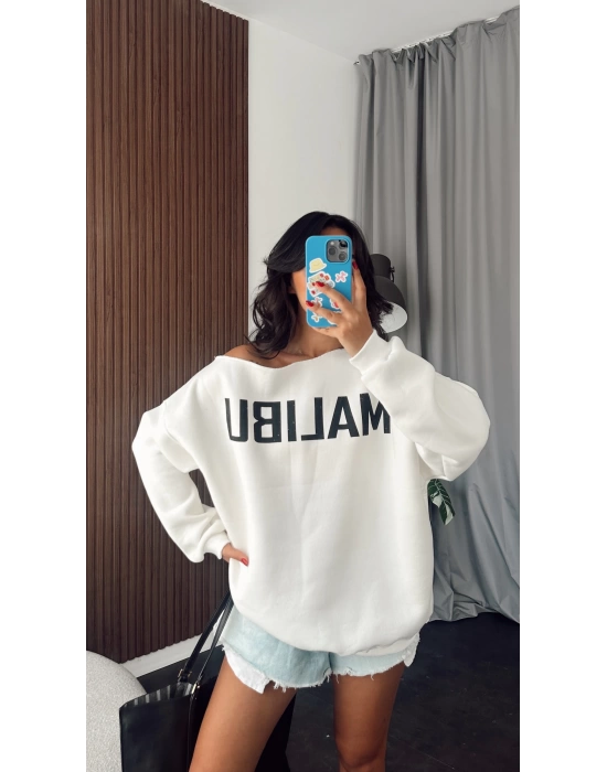 Beyaz Malibu Tek Omzu Düşük Oversize Sweatshirt