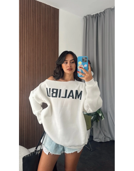 Beyaz Malibu Tek Omzu Düşük Oversize Sweatshirt