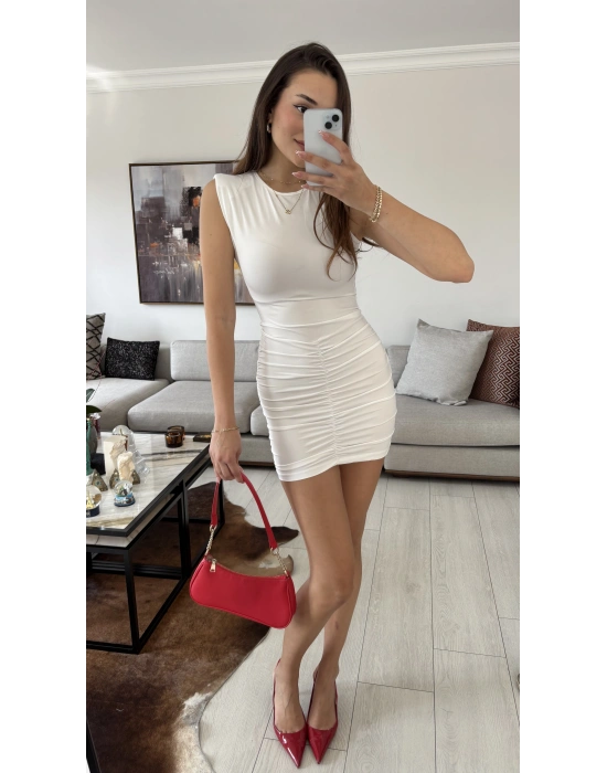 Beyaz Mila Drapeli Mini Elbise
