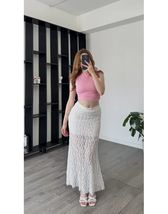 Beyaz Pia Güpürlü Astarlı Etek
