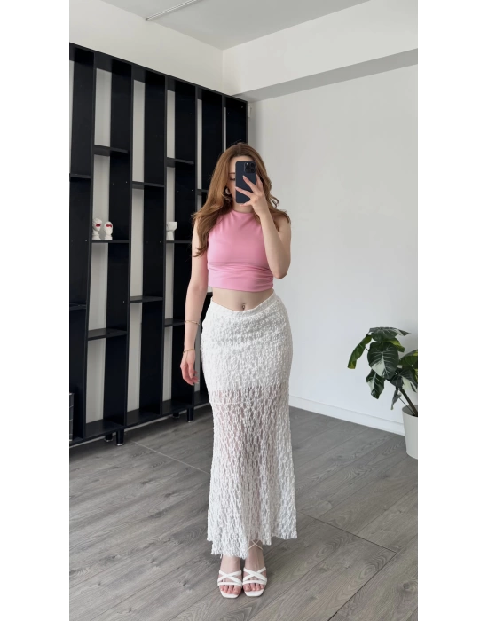 Beyaz Pia Güpürlü Astarlı Etek