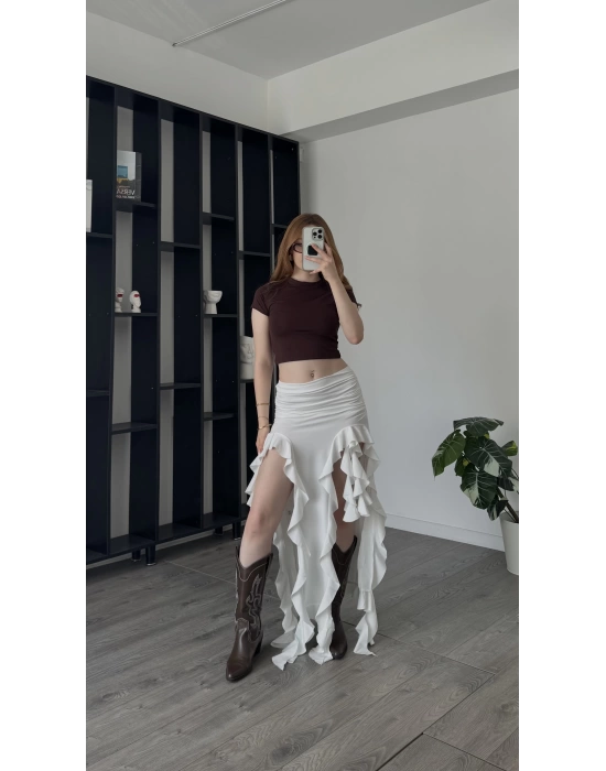 Beyaz Pinna Fırfır Yırtmaçlı Etek