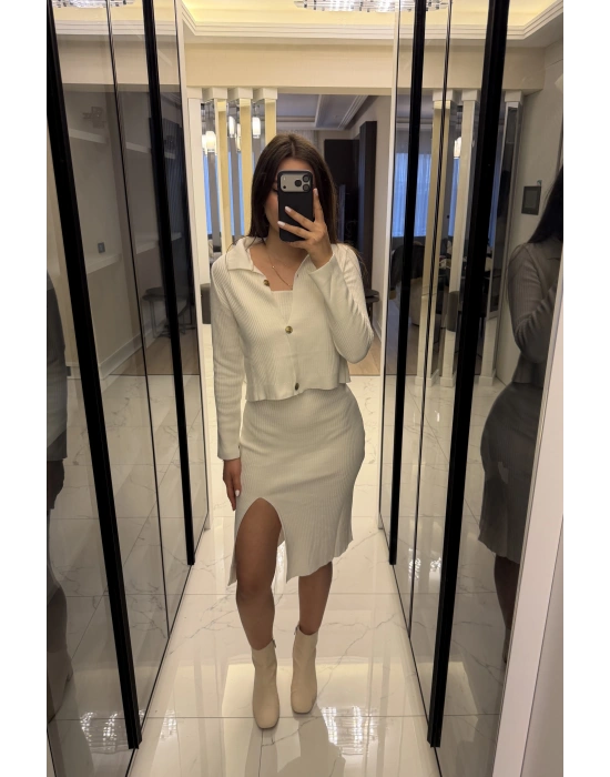 Beyaz Renly Hırka Elbise Triko Takım