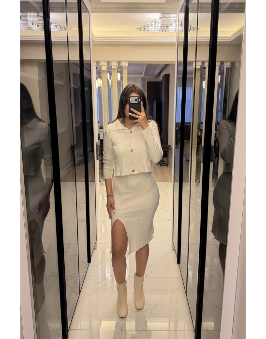 Beyaz Renly Hırka Elbise Triko Takım