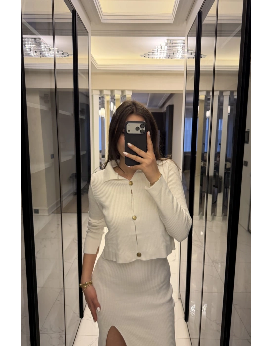 Beyaz Renly Hırka Elbise Triko Takım