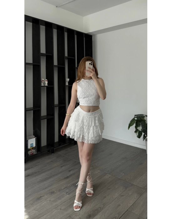 Beyaz Ruby Kolsuz Bluz Etek Güpürlü Takım