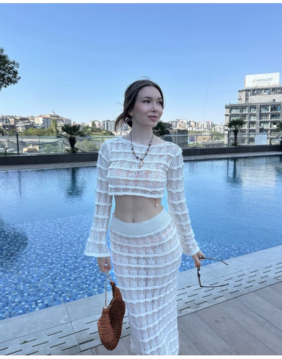 Beyaz Sunny Örgü Pareo Takım