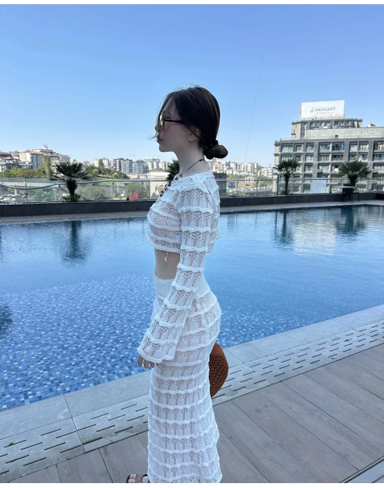 Beyaz Sunny Örgü Pareo Takım