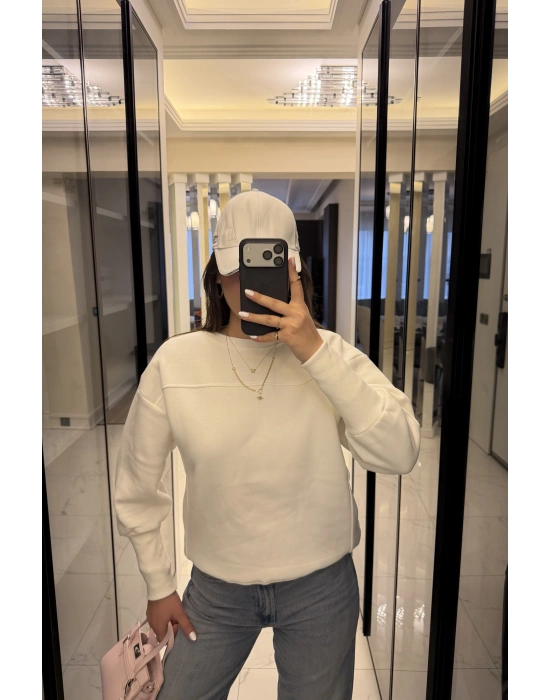 Beyaz Tara Kol Detaylı Basic Sweatshirt