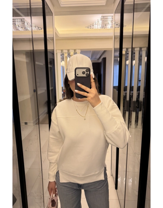Beyaz Tara Kol Detaylı Basic Sweatshirt