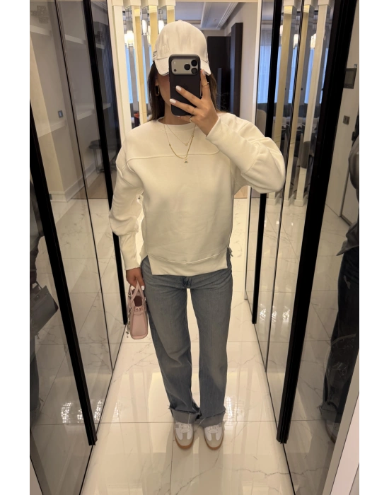 Beyaz Tara Kol Detaylı Basic Sweatshirt