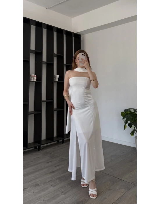 Beyaz Tiara Astarlı Şal Detaylı Elbise