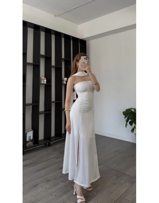 Beyaz Tiara Astarlı Şal Detaylı Elbise