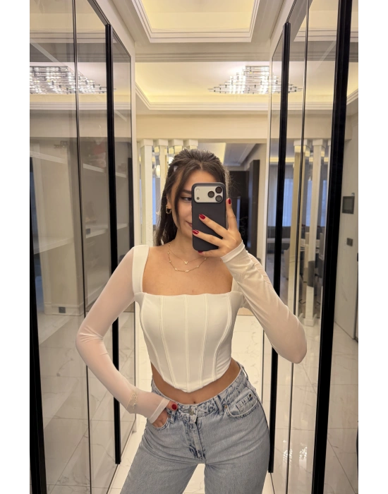 Beyaz Tül Kollu Korse Bluz