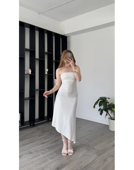 Beyaz Tyla Basic Asimetrik Straplez Elbise