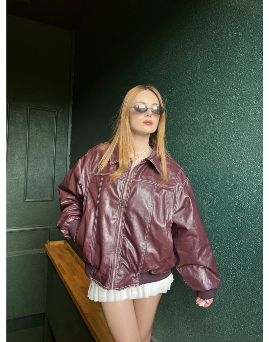 Bordo Amy Premium Dikiş Detaylı Deri Ceket