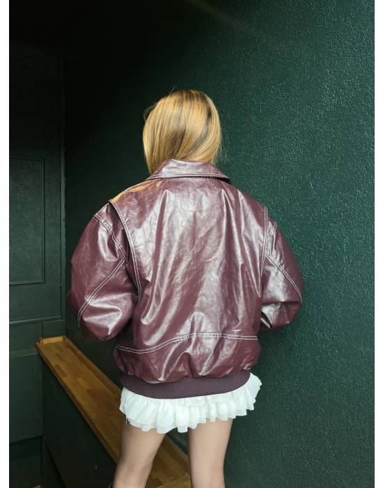 Bordo Amy Premium Dikiş Detaylı Deri Ceket