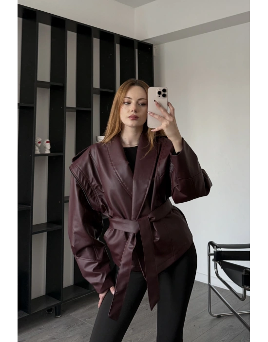 Bordo Anja Tasarım Kuşaklı Deri Ceket