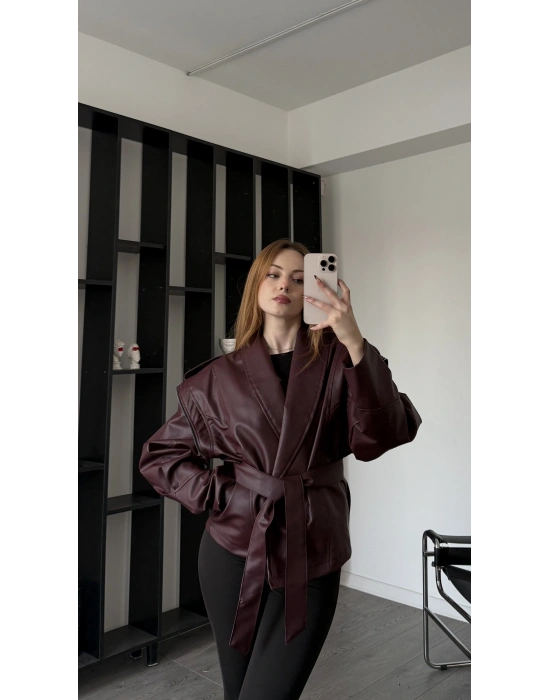 Bordo Anja Tasarım Kuşaklı Deri Ceket