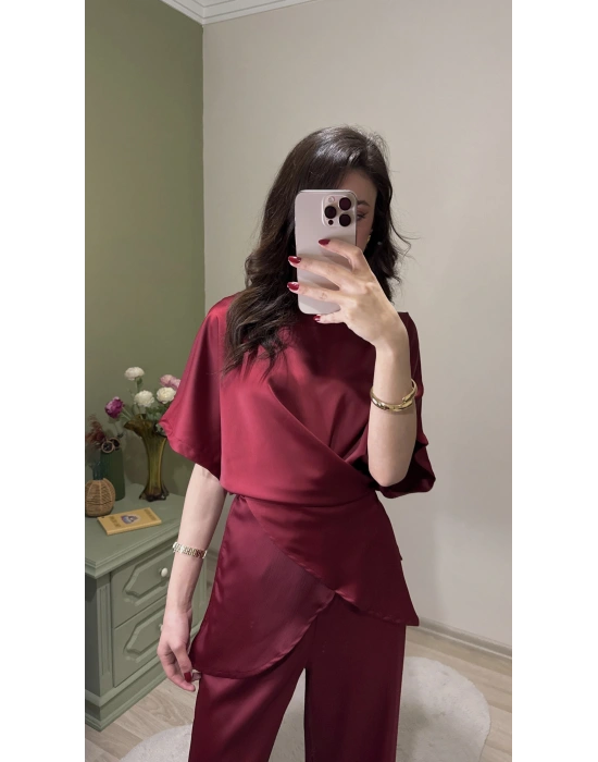 Bordo Aura Bağcıklı Saten Takım