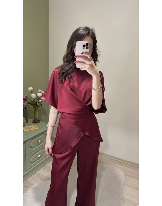 Bordo Aura Bağcıklı Saten Takım