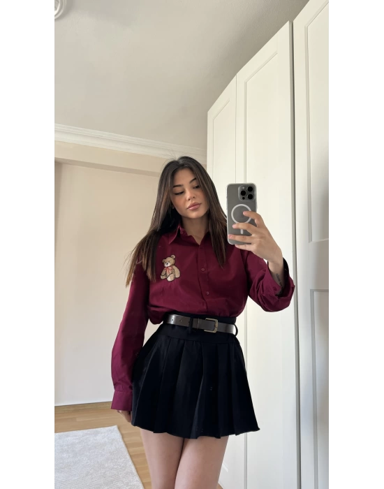 Bordo Ayıcık Nakışlı Gömlek