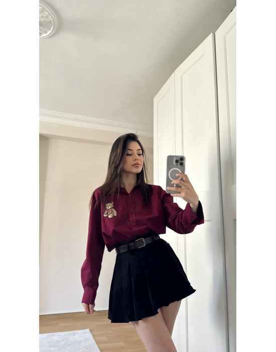 Bordo Ayıcık Nakışlı Gömlek