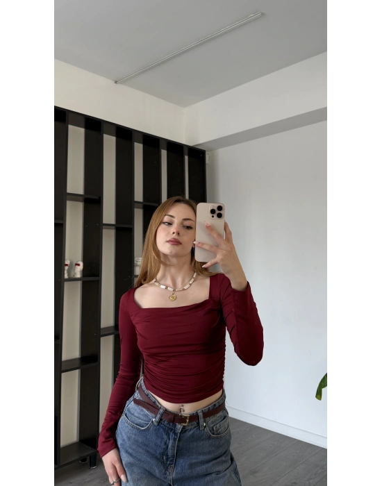 Bordo Belis Kare Yakalı Bluz