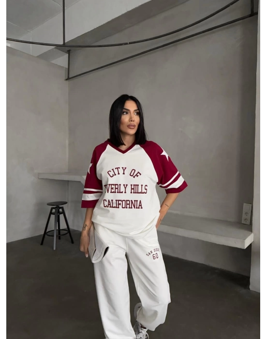 Bordo Beverly Hills Kısa Oversize Tshirt & Eşofman Takımı
