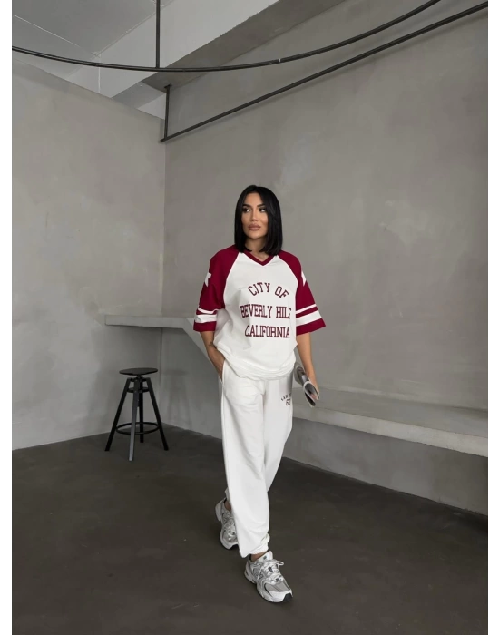 Bordo Beverly Hills Kısa Oversize Tshirt & Eşofman Takımı