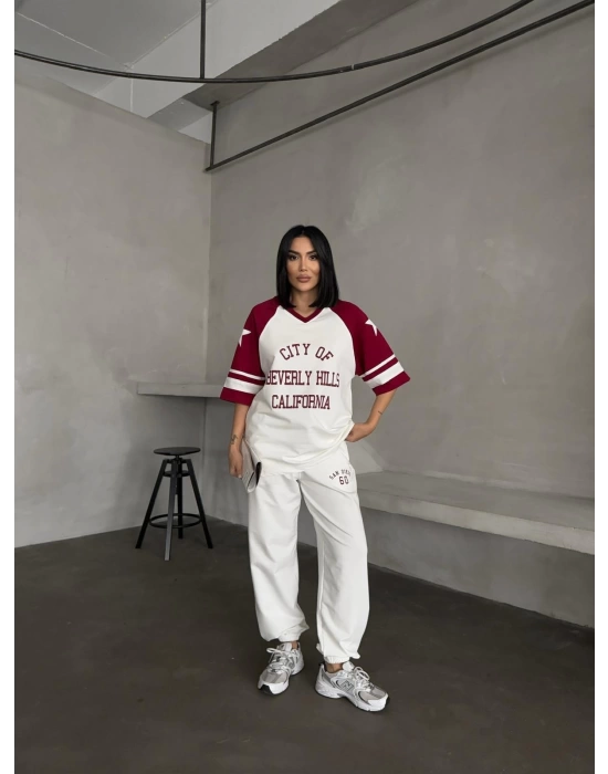 Bordo Beverly Hills Kısa Oversize Tshirt & Eşofman Takımı