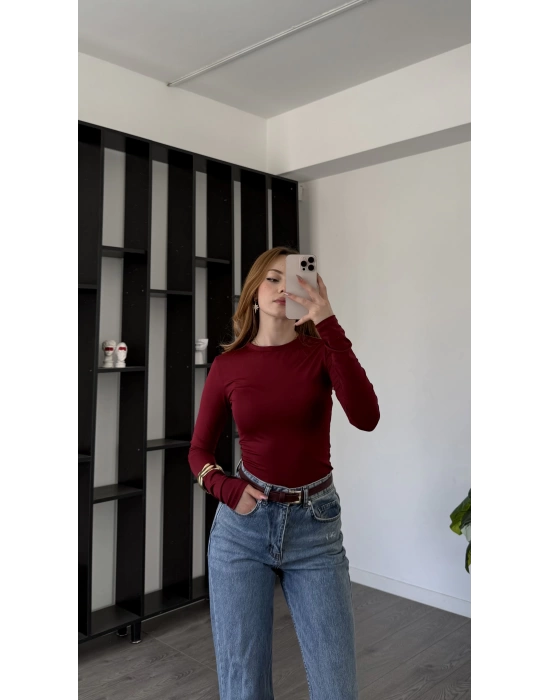 Bordo Morena Bisiklet Yaka Basic Bluz
