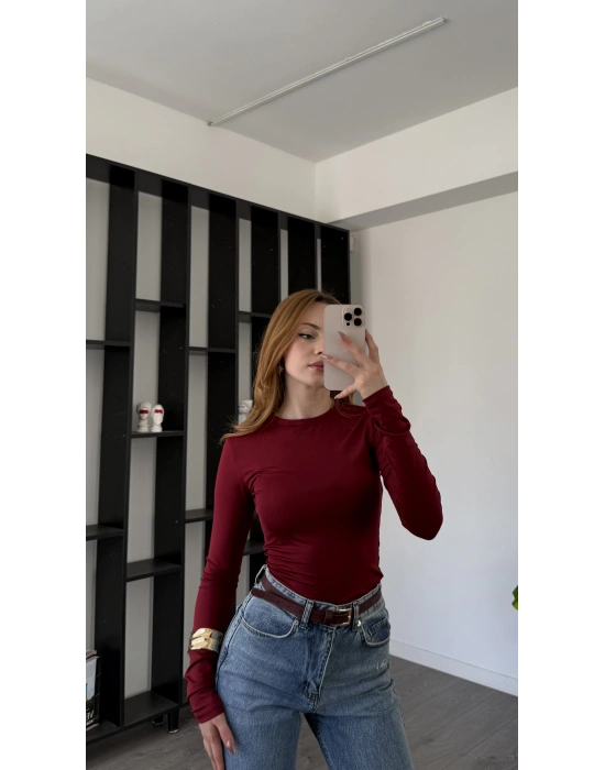 Bordo Morena Bisiklet Yaka Basic Bluz