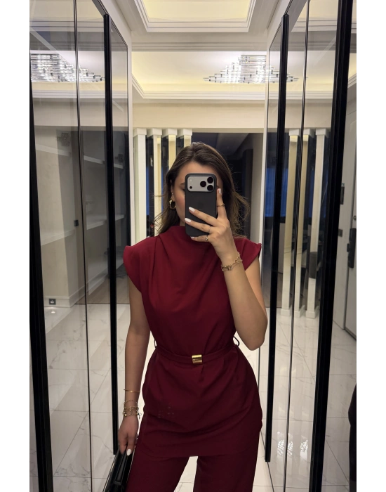 Bordo Broş Kuşaklı Vatkalı Takım