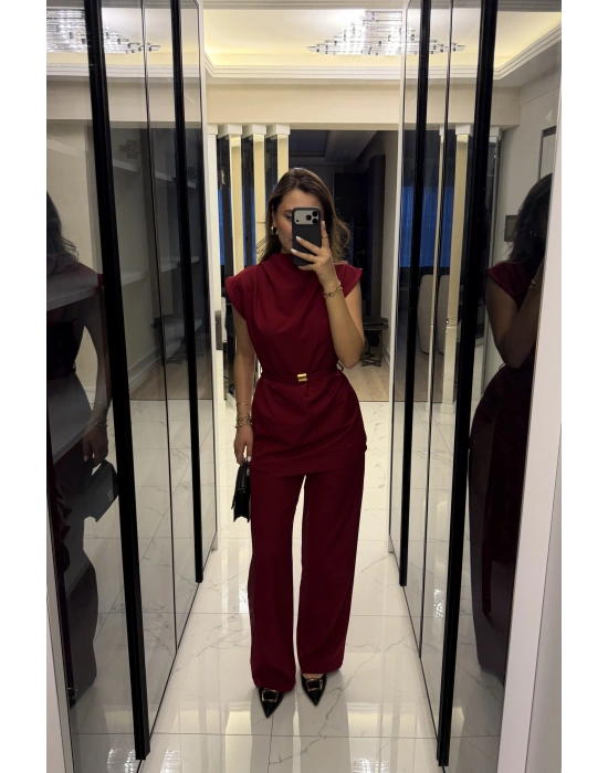 Bordo Broş Kuşaklı Vatkalı Takım