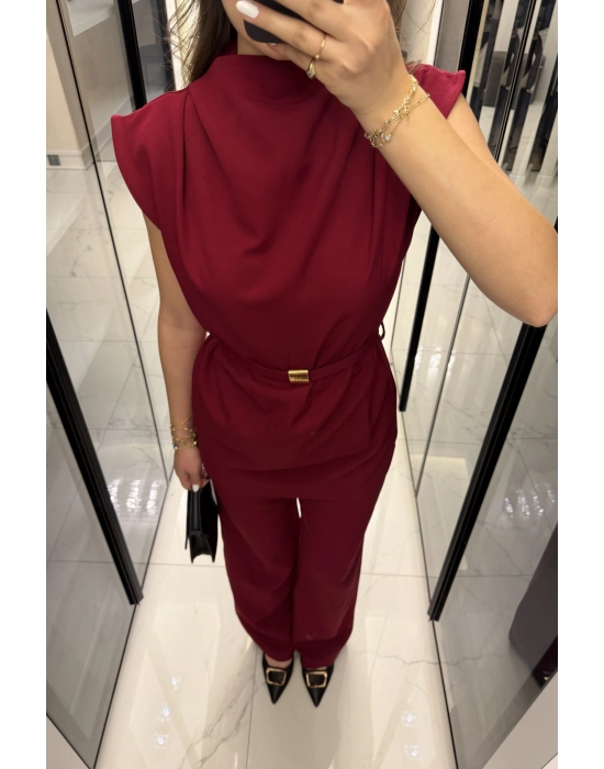 Bordo Broş Kuşaklı Vatkalı Takım