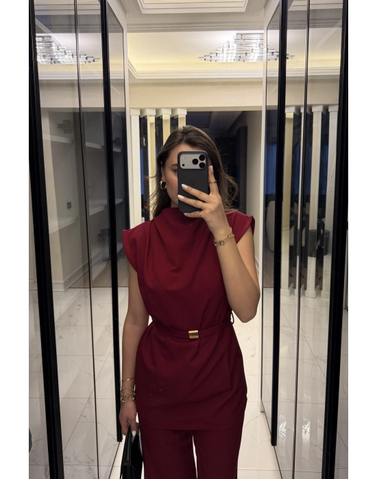 Bordo Broş Kuşaklı Vatkalı Takım