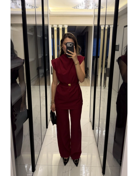 Bordo Broş Kuşaklı Vatkalı Takım