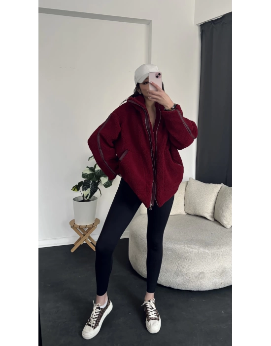 Bordo Deri Detaylı Oversize Peluş Ceket