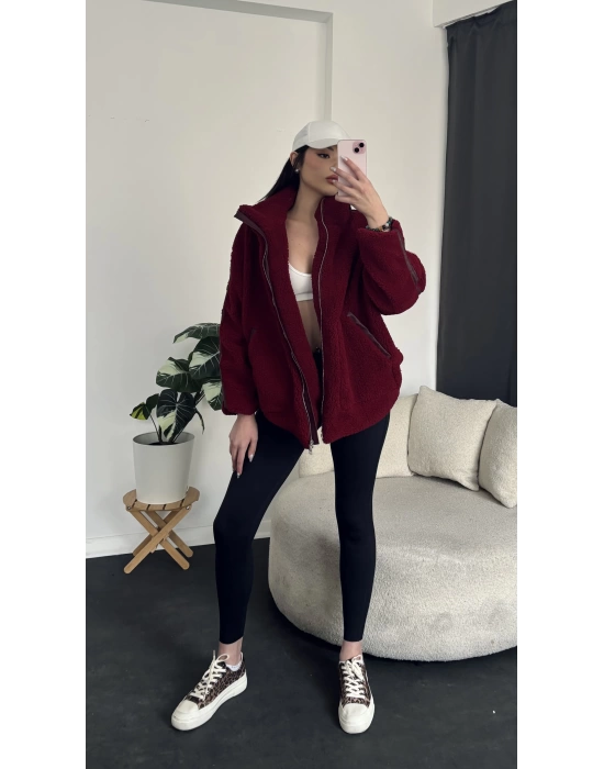 Bordo Deri Detaylı Oversize Peluş Ceket