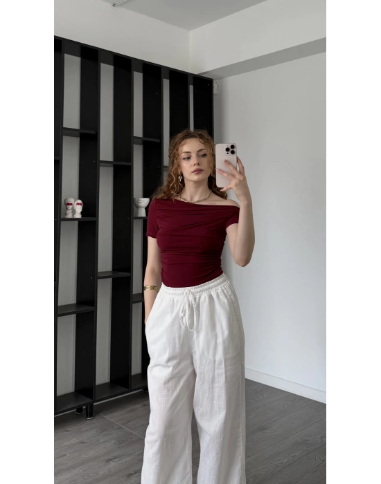 Bordo Düşük Omuzlu Drapeli Bluz