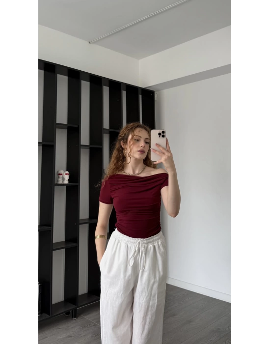 Bordo Düşük Omuzlu Drapeli Bluz