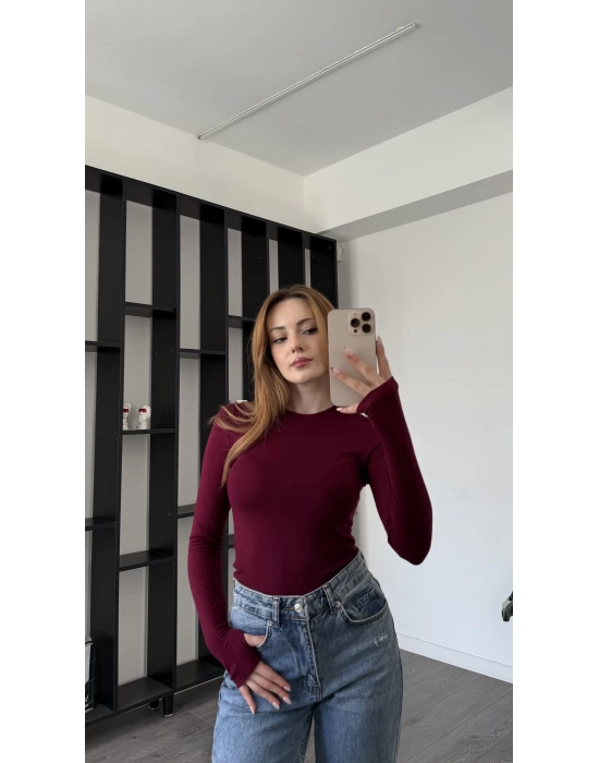 Bordo Elisa Parmak Detaylı Basic Bluz