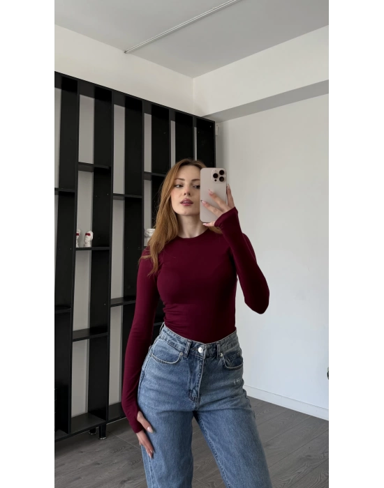 Bordo Elisa Parmak Detaylı Basic Bluz