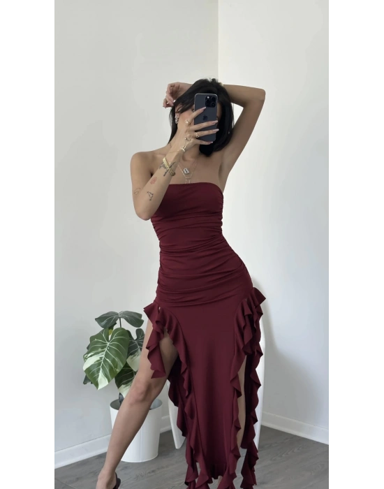 Bordo Elora Fırfırlı Straplez Elbise